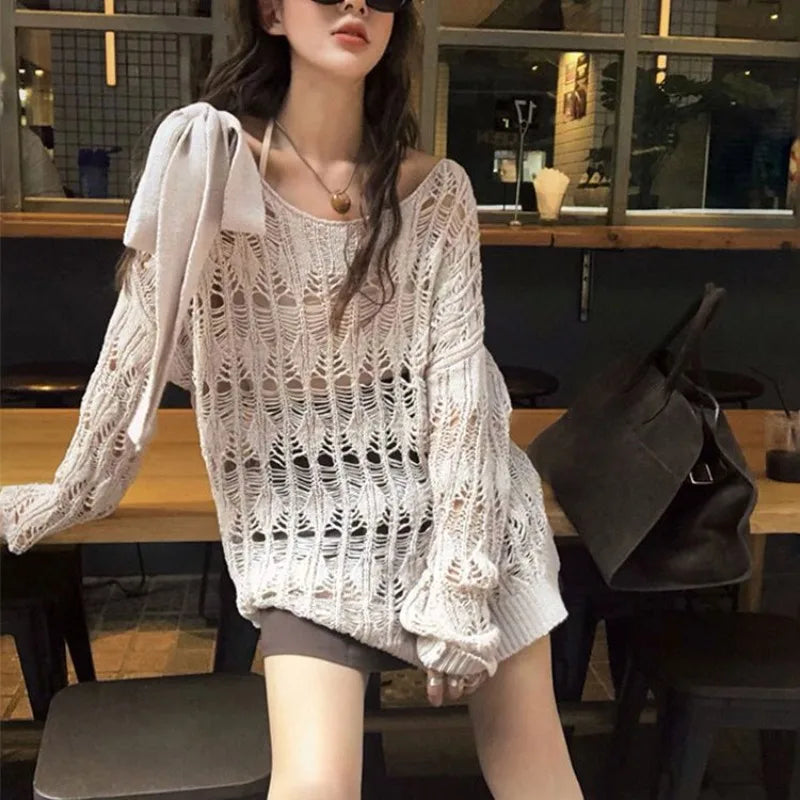 LIZAKOSHT  -  Coquette Y2k Women's Sweater Hollow out Knitwear Spring Oversize Knit Off The Shoulder Pullovers Streetwear Vintage