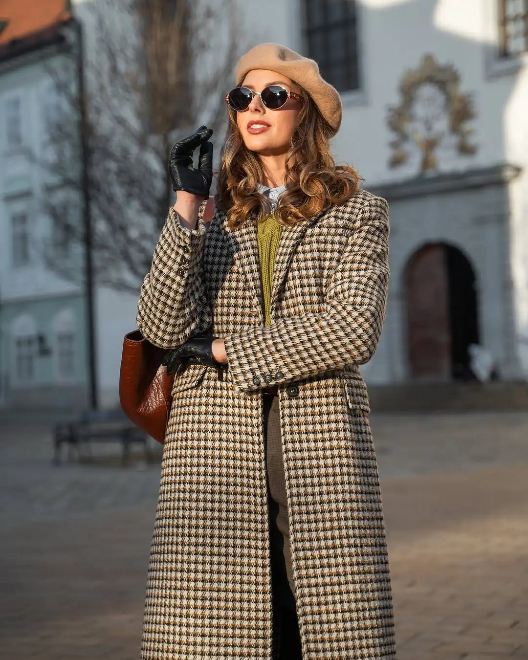 LIZAKOSHT  -  Double Breasted Plaid Pattern Woolen Overcoat Women Fashion Lapel Long Sleeve Loose Coats Lady Winter Daily Commute Coat