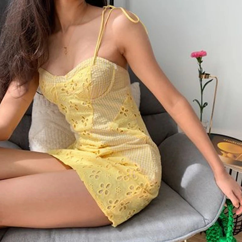 LIZAKOSHT  -  y2k Mini Dress Summer Women Hollow Out Floral Spaghetti Strap Sleeveless Bodycon Dress Going Out Party Dresses Clubwear