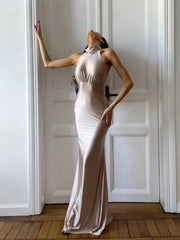 LIZAKOSHT  -  Halter Satin Maxi Dresses For Women Fashion Sexy Streetwear Backless Sleeveless O-Neck Sheath Mini Vestidos Robes Female Slim