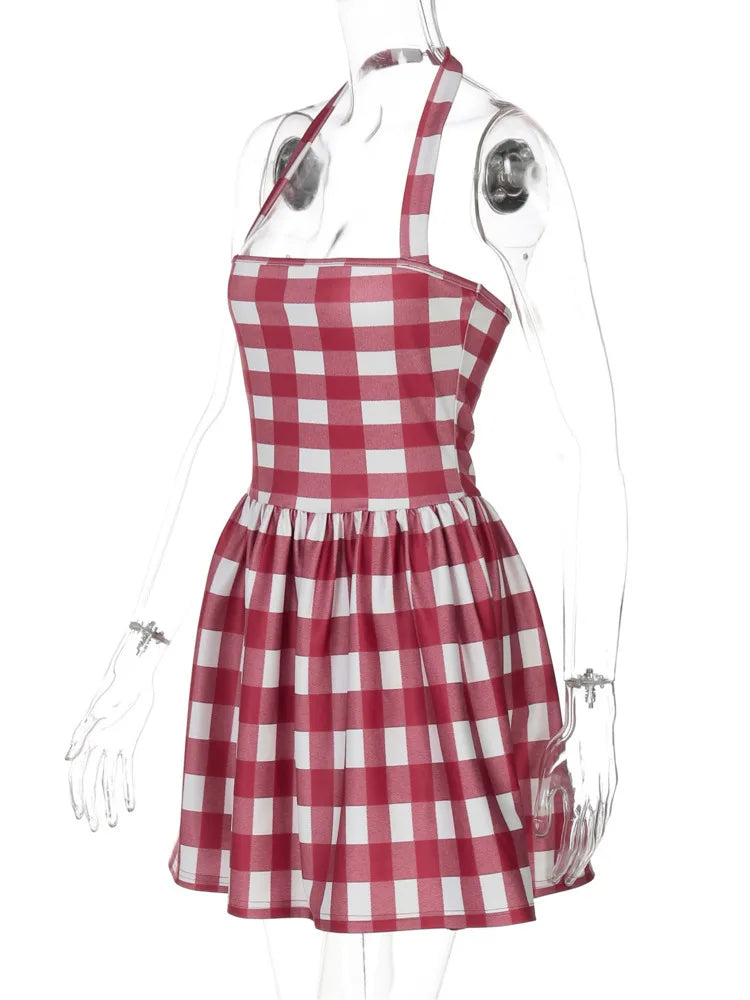 LIZAKOSHT  -  Sexy Halter Plaid Print Mini Dress Off-shoulder Sleeveless Spaghetti Strap Backless High Waist Red A-line Holiday Dress