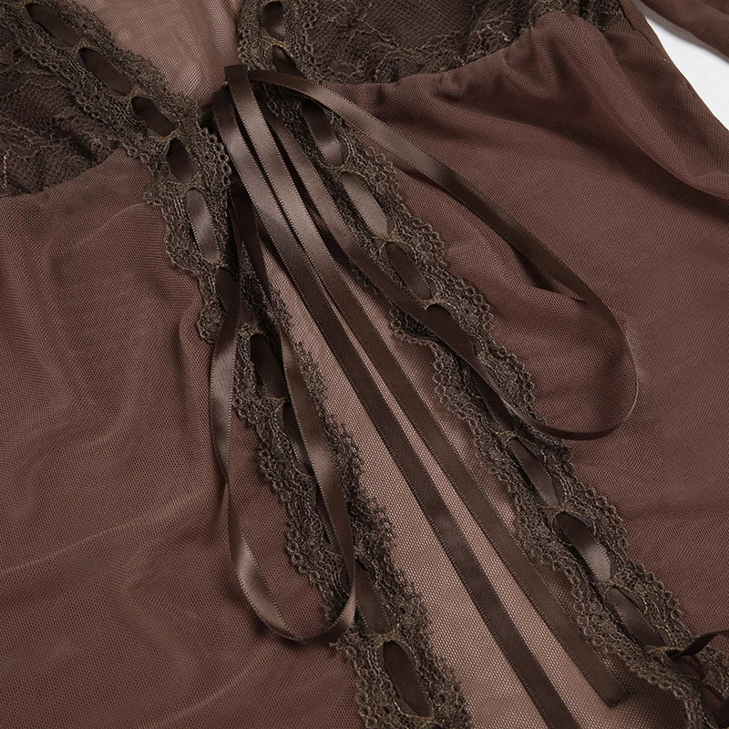 LIZAKOSHT  -  Y2K Lace Patchwork Mesh Long Sleeve Cardigan Tie Up Sexy Brown See Through Smock Top Vintage Stylish Streetwear 90s