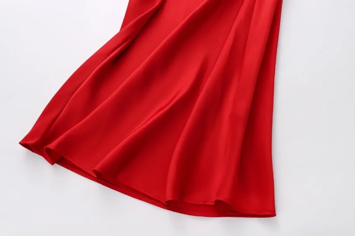 LIZAKOSHT  -  Summer Laminated Decorative Satin Texture Sling V-neck Dress Women Backless Red Long Party Dress Chic Female Evening Mujer