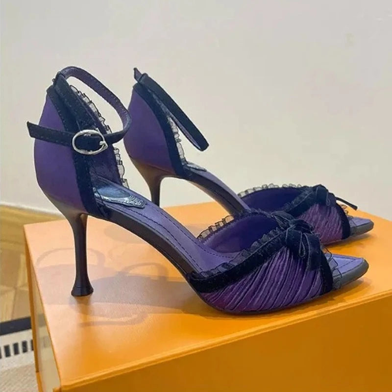 LIZAKOSHT  -  Sexy Lace Bowknot High Heels Women Pleated Designer Sandals Female Satin Pointed Toe Pumps Banquet Party Shoes Ladies