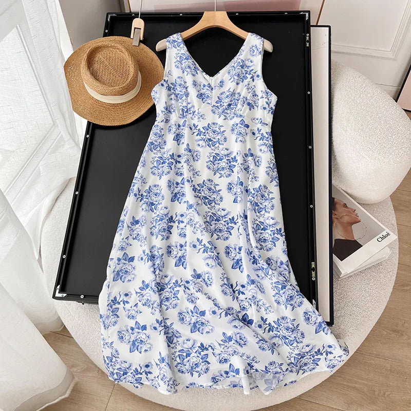 LIZAKOSHT  -  Printed Dress European and American Women's Summer Holiday Style Fashion V-neck Shoulder Strap