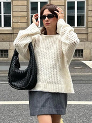 Lizakosht Solid Crochet Knit Hollow Out O-neck Women Pullover Long Sleeve Loose Oversized Basic Sweater Autumn Chic Casual Knitwears