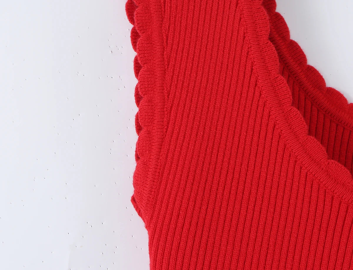 LIZAKOSHT  -  CHIC Wave O neck Rib Knitted Mini Sleeveless Dress Women Slim Waist Spliced Ruffles A-line Hem Knitting Dresses Short Sun Robe
