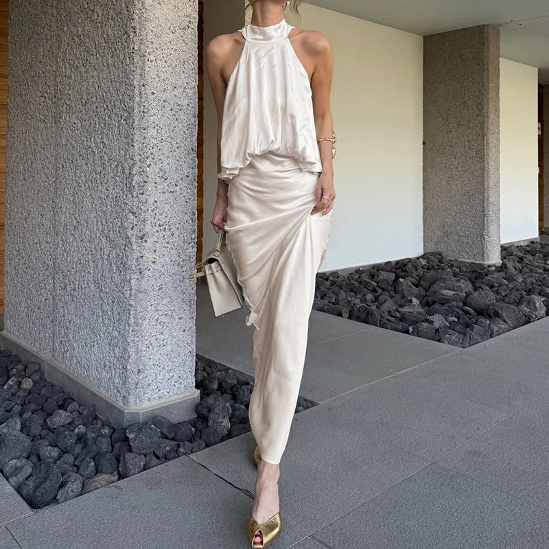 LIZAKOSHT  -  Elegant Solid Off Shoulder Patchwork Dress Luxury Satin Sleeveless A-List Dress Sexy Hang Neck High Waist Office Commuting Dress