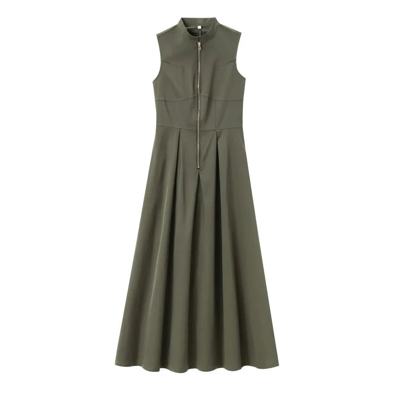 LIZAKOSHT  -  Solid Color Fashion Long Dresses for Women Zip Sleeveless Maxi Dress Woman Summer Holiday Ruched Party French Style Female Dress