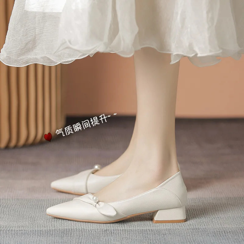 LIZAKOSHT  -  spring leather bow band flat shoes woman pointed toe pearl decoration slip on loafers two wears pleated ballet flats for women