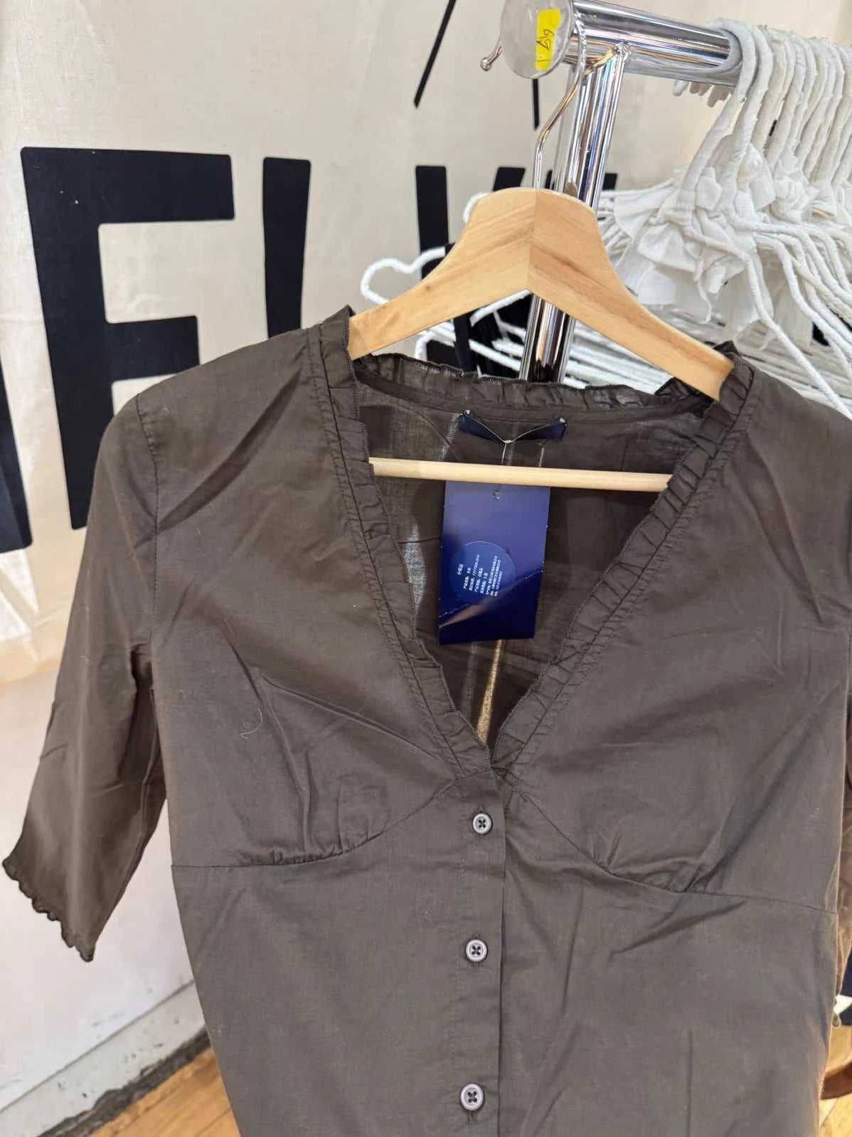 LIZAKOSHT  -  Ruffles Three Quarter Sleeve T-shirt Blouse Woman Autumn V-neck Single Breasted Cotton Slim Casual Shirts Brown Vintage Tops