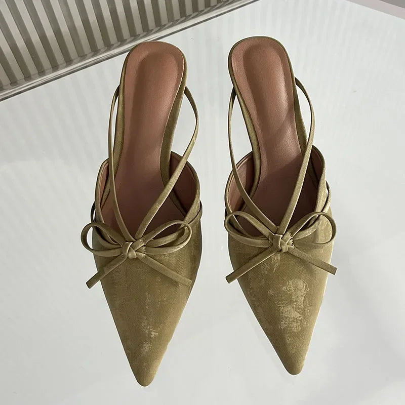 LIZAKOSHT  -  New Brand Sandals Women Sexy Pointed Toe High Heels Shallow Bow Slingback Dress Shoes Low Heel Mules Pumps Women Slipper