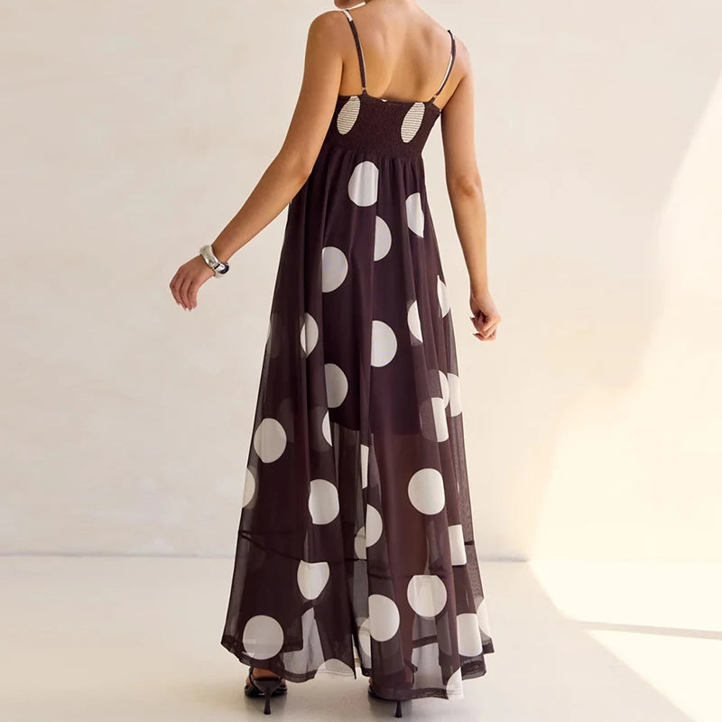 LIZAKOSHT  -  Retro Polka Dot Maxi Dress Elegant Lady Spaghetti Strap Flowy Dresses for Women Summer Vacation Brunch Outfits