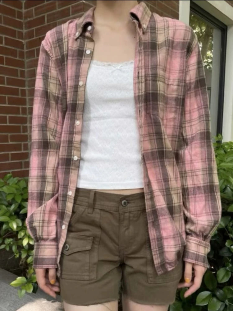 LIZAKOSHT  -  Casual Women Single-breasted Loose Shirts Summer Vintage Polo Neck Long Sleeves Plaid Printed Shirts Female Chic Tops