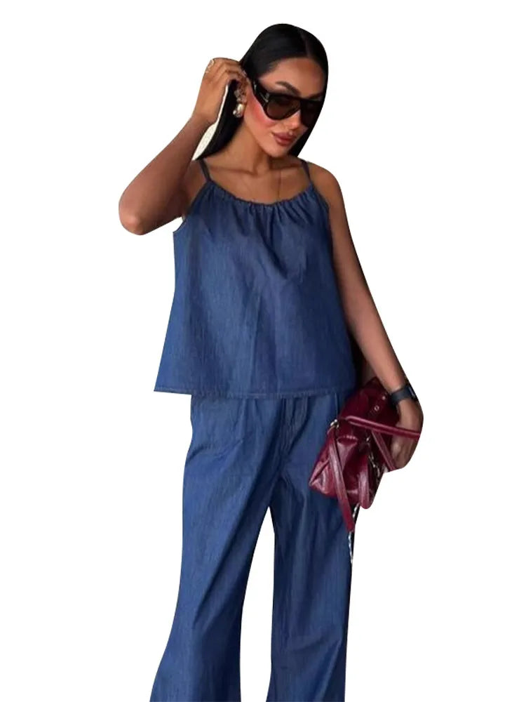 LIZAKOSHT  -  Women's Two Pieces Set Denim Pant Sets Sleeveless Tanks Tops Sets Women's Suits High Waist Wide Leg Trousers Outfit Streetwear