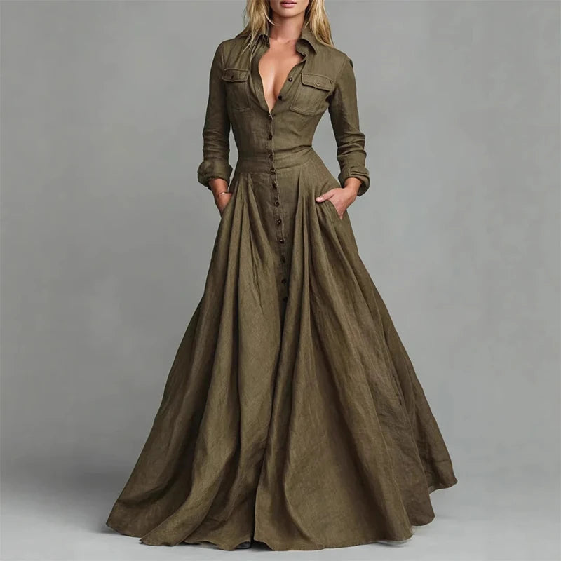 LIZAKOSHT  -  European American Women Dresses Retro Turndown Collar Pocket Long Dress Autumn Single Breasted Long Sleeve A-Line Street Dress