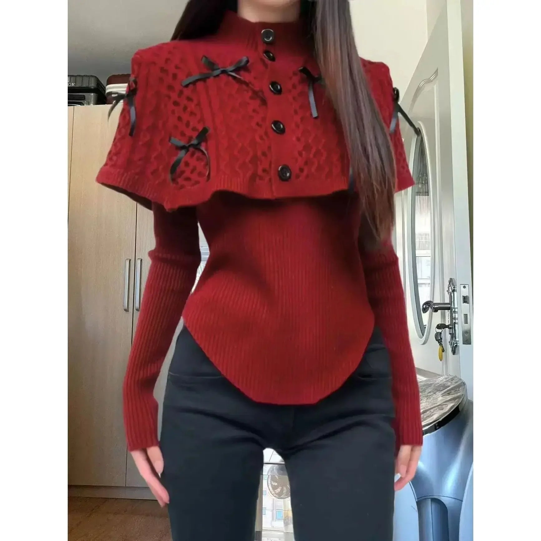 LIZAKOSHT  -  Autumn Winter Coats 2-piece Set Black Red Turtleneck Sweater Slim Knit Pullover Women Clothing Trend Design Skinny Tops Shawl