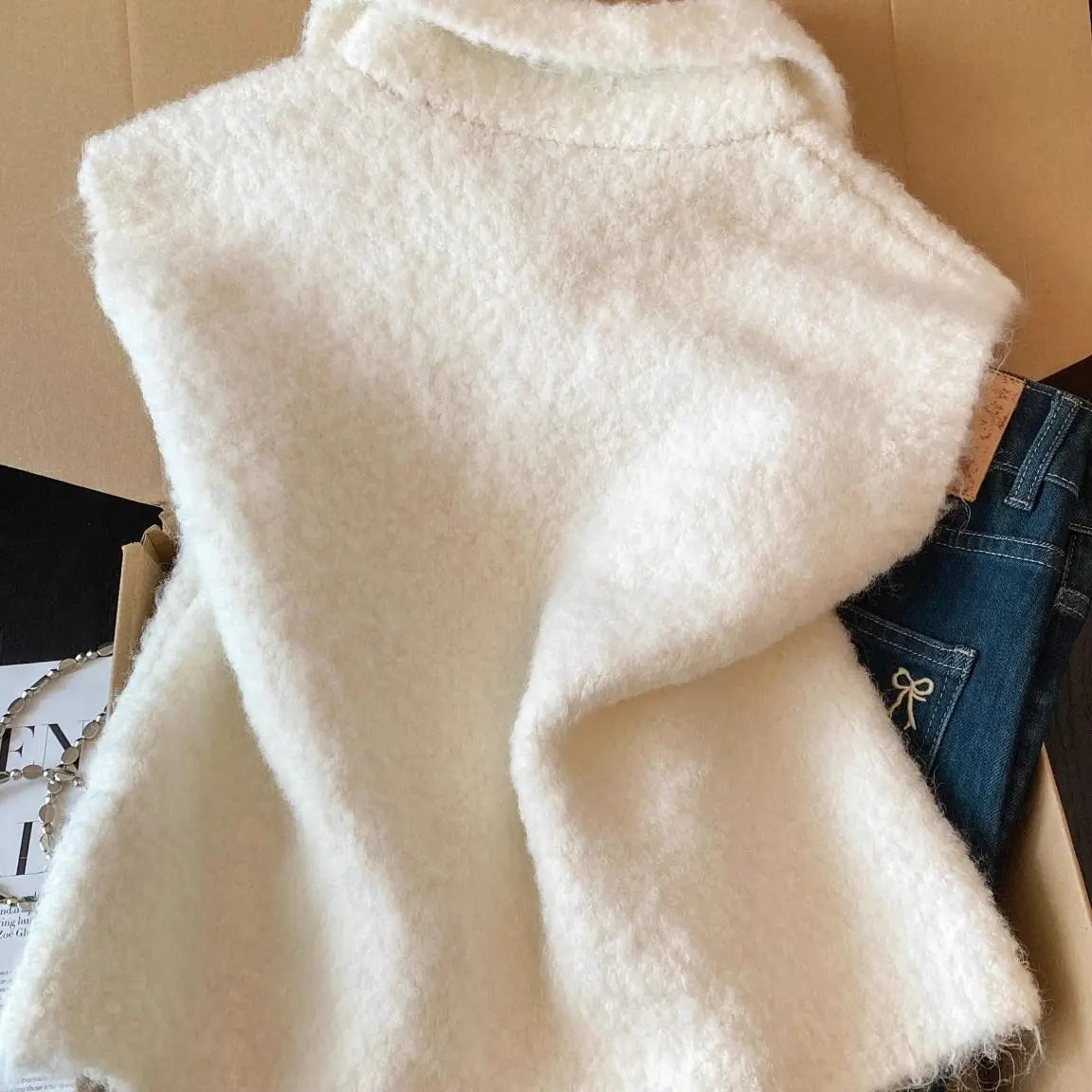 LIZAKOSHT  -  White Plush Vest Autumn Winter Women's Turtleneck Sleeveless Knitted Cardigan Outwear Lady Casual Faux Wool Pull Sweater Vest