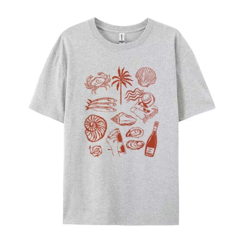 LIZAKOSHT  -  Summer Ocean Coastal Graphic Tees Trendy Retro Aesthetic La Dolce Vita T Shirt Cute Oyster Wine Shirt Beach Vacation Women Tops