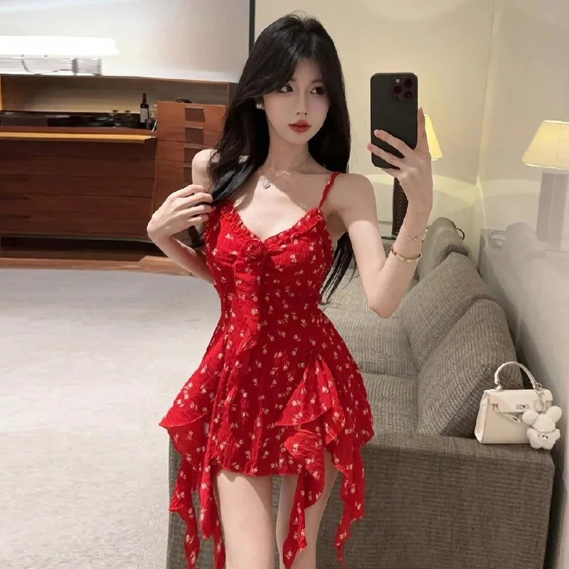 LIZAKOSHT  -  Camis Sexy Floral Printed Irregular Ruffles Slim Patchwork Flowers Vintage Summer Fashion Sweet Tank Tops Ladies Casual