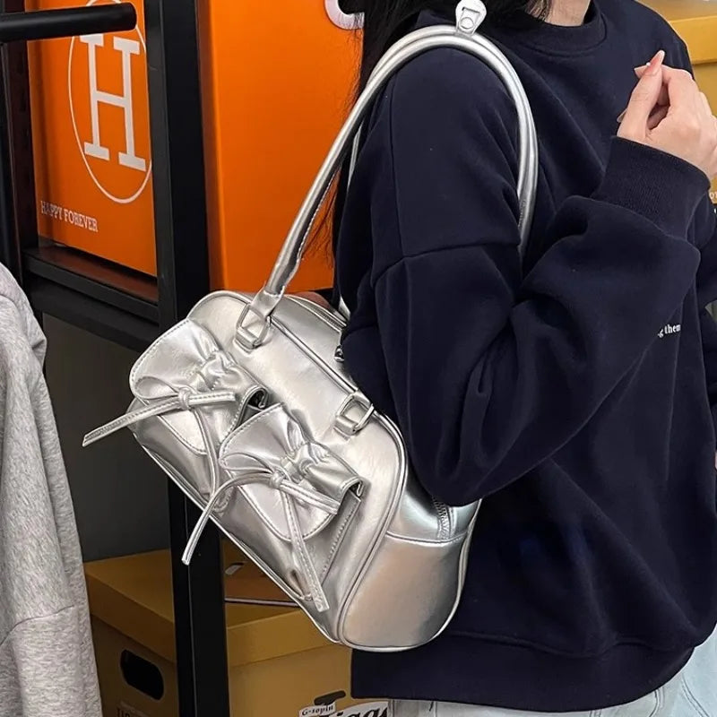LIZAKOSHT  -  Silver Pleated Womens Shoulder Bag Elegant Gentle Korean Fashion Leather Handbag Bow Sweet New Simple Ladies Boston Bag