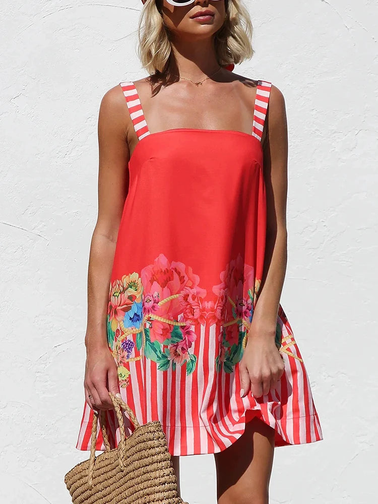 LIZAKOSHT  -  Leisure vacation style cute printed mini camisole dress fashionable daily sweet girl dopamine style camisole dress
