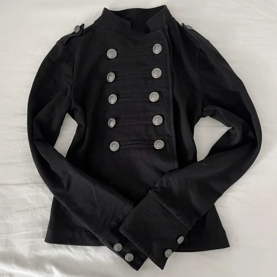 LIZAKOSHT  -  Y2K Women Vintage Black Hot Girl Jacket Stand Collar Double Breasted Metal Buttons Slim Coat Harajuku Winter Gothic Sweatshirt