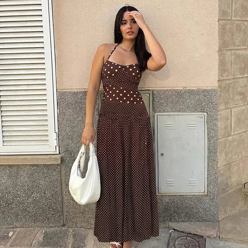 LIZAKOSHT  -  Women Polka Dot Halter Neck Maxi Dress Ruched A Line Vintage Elegant Holiday Beach Vacation Dress Spring Summer Outfit