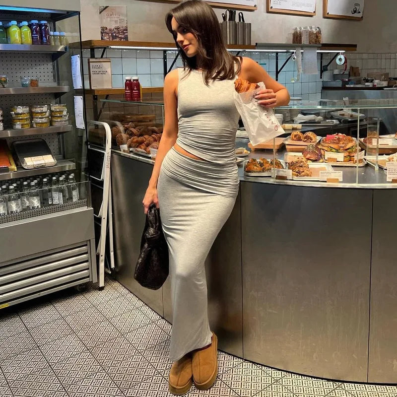 LIZAKOSHT  -  Design Summer New Fashion Women's Set Round Neck Sleeveless Top+Long Slim Fit Split Skirt Gray Casual Two Piece Sets