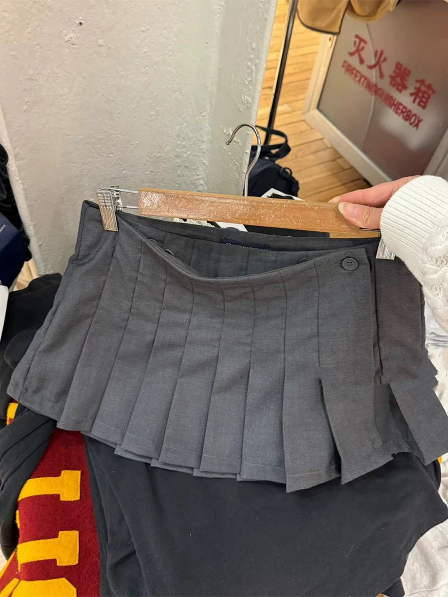 LIZAKOSHT  -  Dark Grey Simple Mini Pleated Skirts Women New One Buttons A-line Short Faldas Summer Vintage Preppy Style Solid Sweet Skirt Y2k