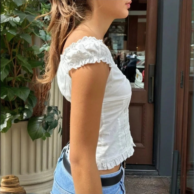 LIZAKOSHT  -  y2k Tank Top Women Summer Clothes Solid Color Cap Sleeve Button Down Slim Fit Frill T Shirt 2000s Vest Streetwear