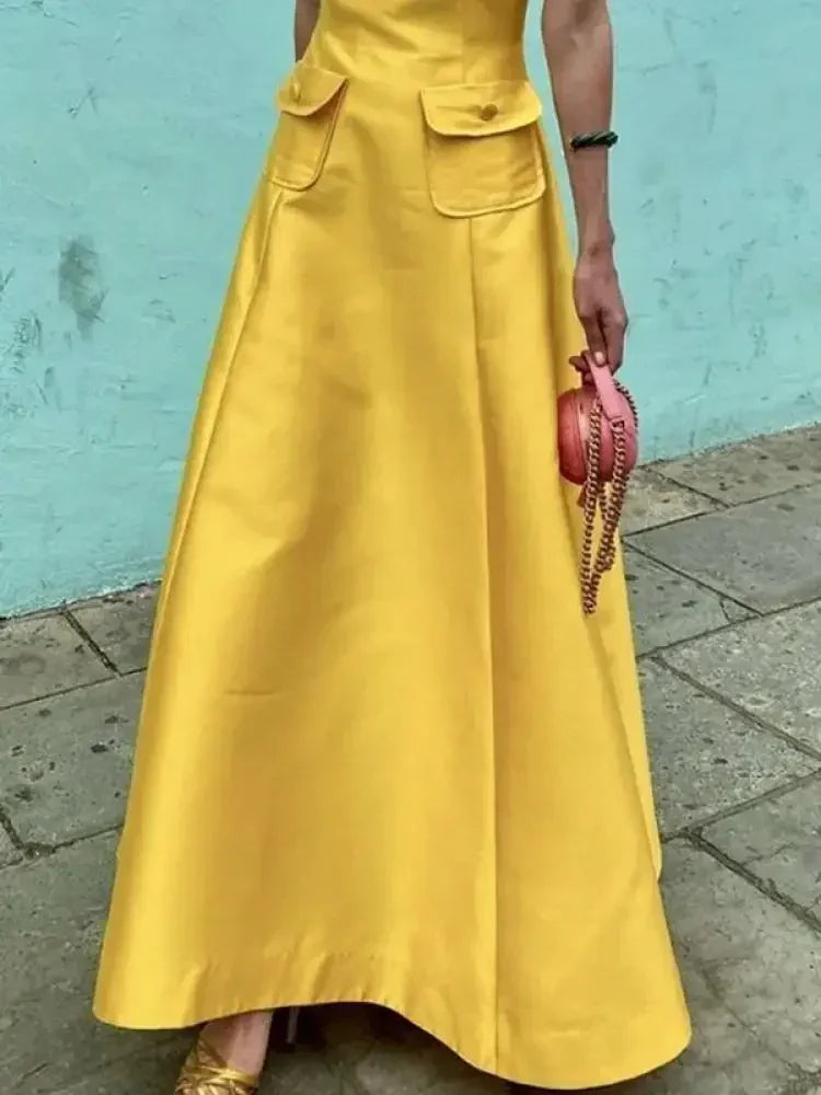 LIZAKOSHT  -  Female Stylish Selection Elegant Yellow Evening Dresses Women New Summer Short Sleeves Pockets Party A-Line Dress