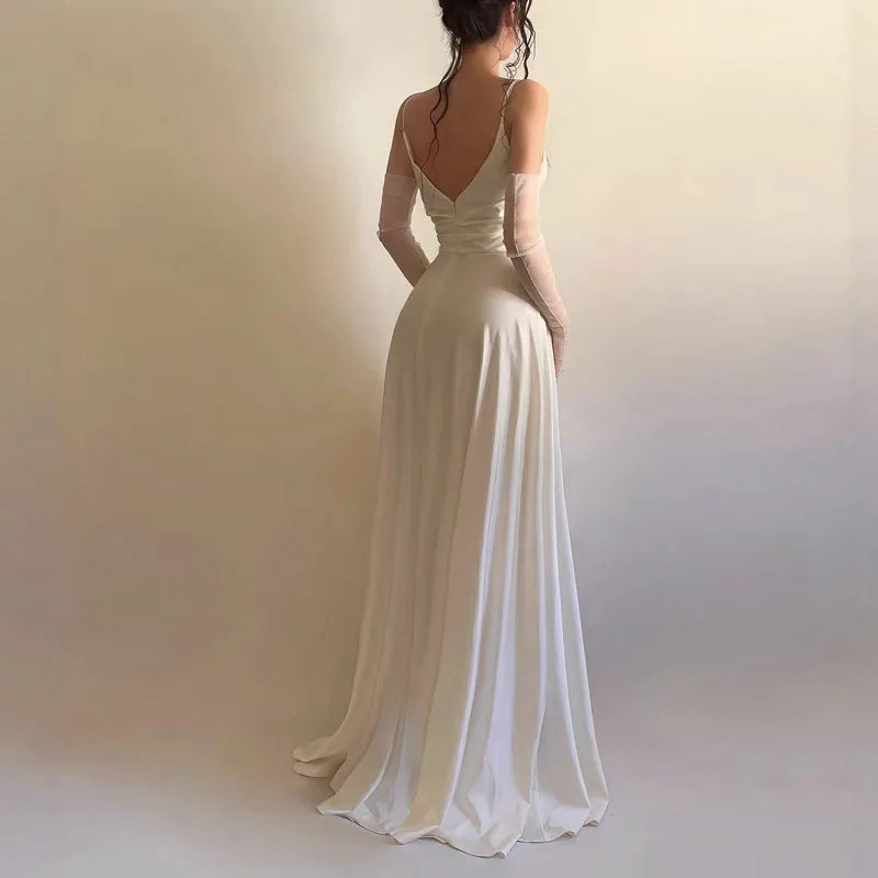 LIZAKOSHT  -  Women Sexy Sleeveless Backless Gowns Dress Elegant Deep V-neck Split Suspender Dress Summer Fashion Hight Waist Solid Long Dress