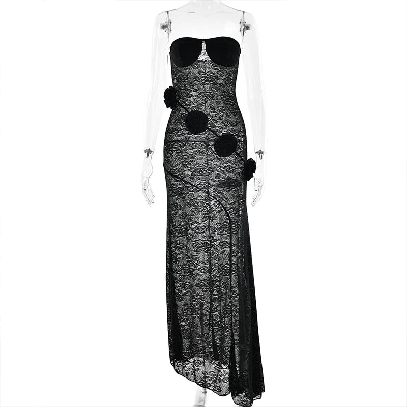 LIZAKOSHT  -  Summer Lace Strapless 3D Flowers Appliques Long Sleeveless Prom Club Dress See Through Sexy Solid Sheath Dress Vestidos