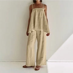 LIZAKOSHT  -  Casual Cotton Women Solid Color 2 Piece Set Outfit Spring Spaghetti Strap Loose Top and High Waist Straight Trousers Female Set