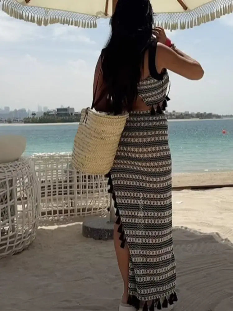 LIZAKOSHT  -  Women Sexy Knit Stripe Skirt Set Fashion U-neck Sleeveless Tassel Patchwork Short Vest Suit Lady Split Long Skirts Beach Outfits