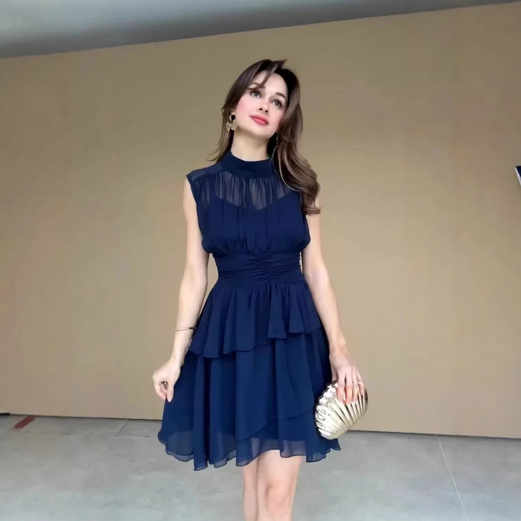 LIZAKOSHT  -  2026 Spring New Pure Desire Wind Coffee Break French Round Neck Waist Elegant Dress