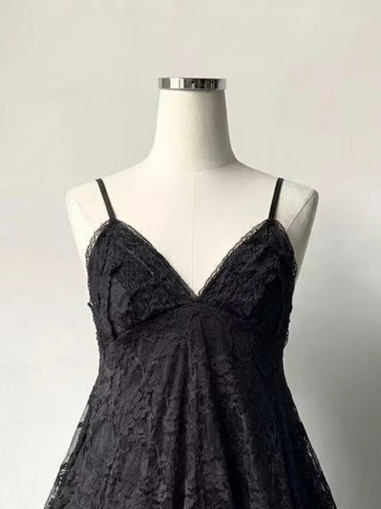 LIZAKOSHT  -  Japanese Vintage Style Strap Dress Women Korean Fashion Black Lace Cami Dresses Summer Sweet Patchwork New One Piece Dress