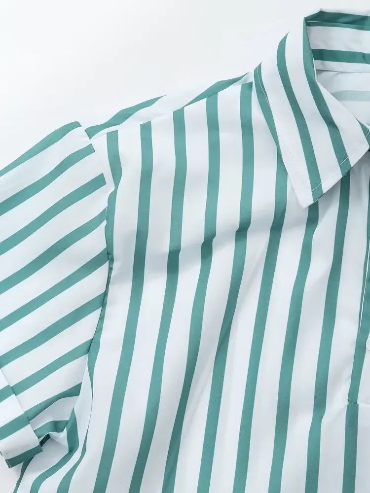 LIZAKOSHT  -  Women's Striped Shirt Trousers Suit Lapel Short-sleeved Top Side Striped Elastic Waist Pants Spring Summer New Chic Suit