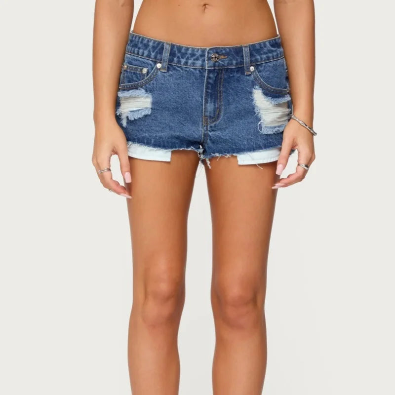 LIZAKOSHT  -  Women Low Rise Micro Denim Shorts Y2k Chic Raw Hem Jeans Short Slim Ripped Frayed Summer Hot Bottoms