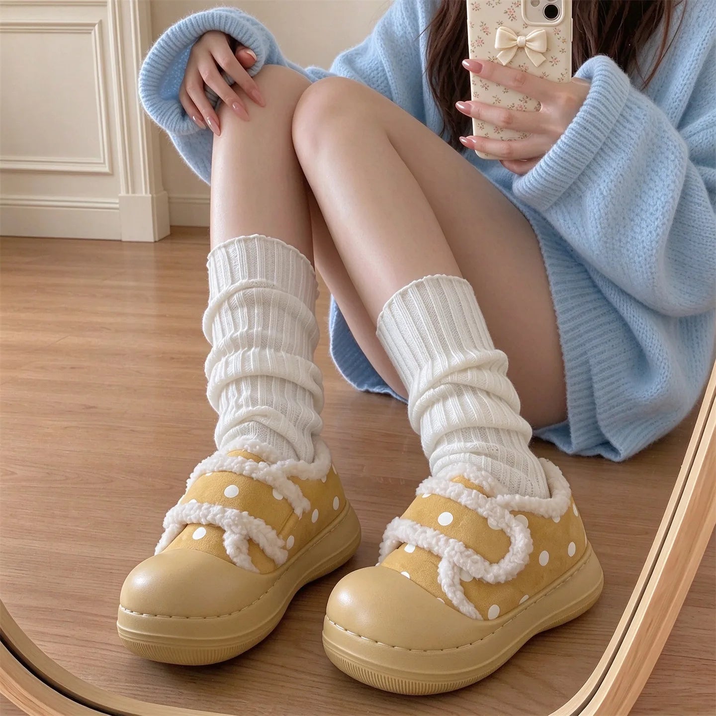 LIZAKOSHT  -  Women's Polka-Dot Velcro Cotton Shoes Lovely Outdoor Non-Slip Thick Fleece Versatile Casual Minimalist Warm Soft
