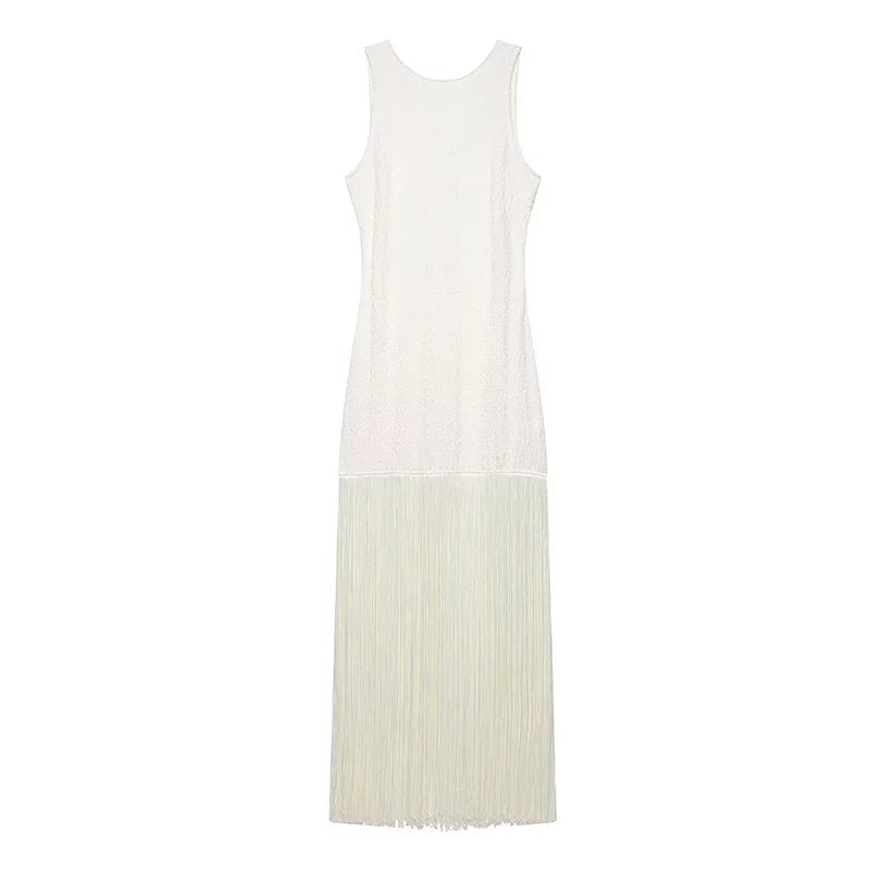 LIZAKOSHT  -  Women's Solid Sleeveless Maxi Dress Fashion O-neck Backless Patchwork Tassel Hem Dress Lady Spring Elegant Party Vestidos