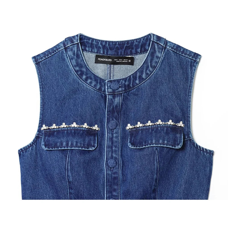 LIZAKOSHT  -  Denim Vests Jackets Autumn Women's 2025 New Slim O-neck Beaded Elegant Women Jackets Chic Street Youth Casual Denim Jacket Vests