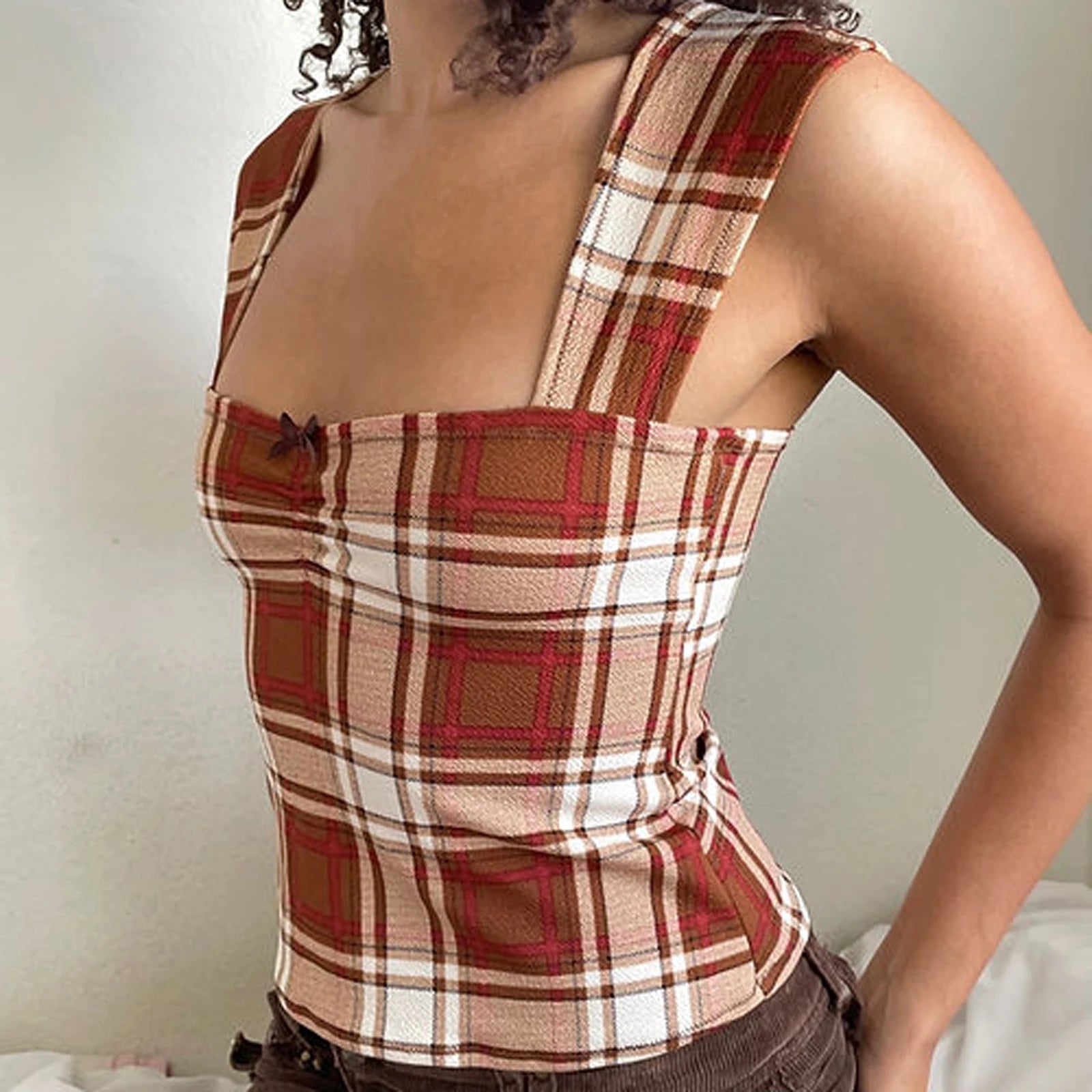 LIZAKOSHT  -  Women's Slim Fit Tank Tops Classic Plaid/Stripes Print Sleeveless Square Neck Vest Tops Summer Cottage Y2K Aesthetic Shirts