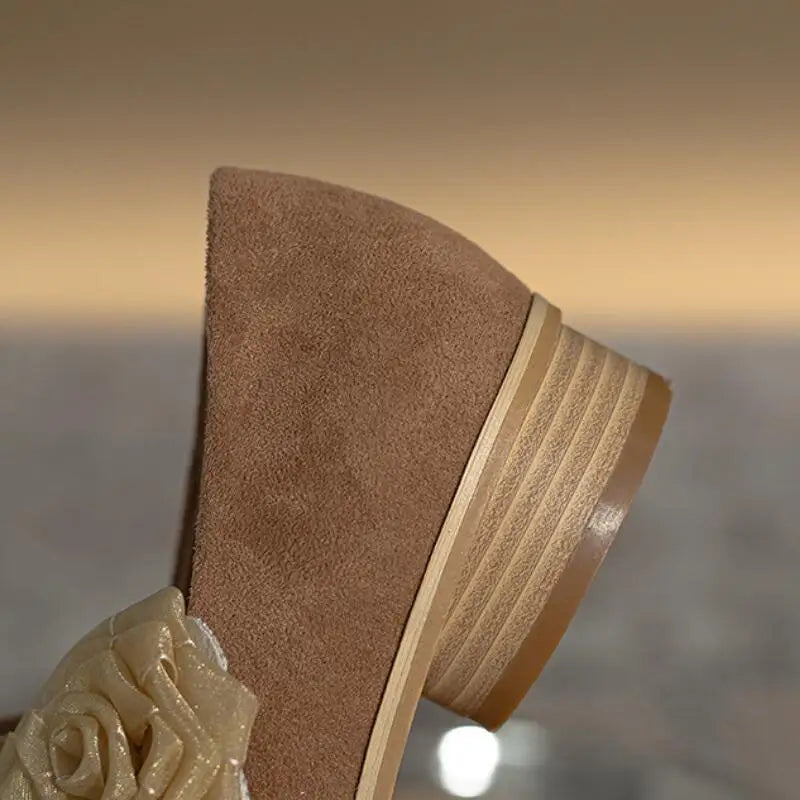 LIZAKOSHT  -  New Spring Retro Suede Mary Jane Low Heel Shoes Women Shallow Square Toe Chinese Style Floral Buckle Pleated Shoes Ladies Pumps