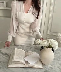 LIZAKOSHT  -  Elegant Square Collar Mesh Puff Sleeve Dresses Slim Waist Bodycon Fishtail Dress for Women Spring Autumn New Vestidos De Mujer