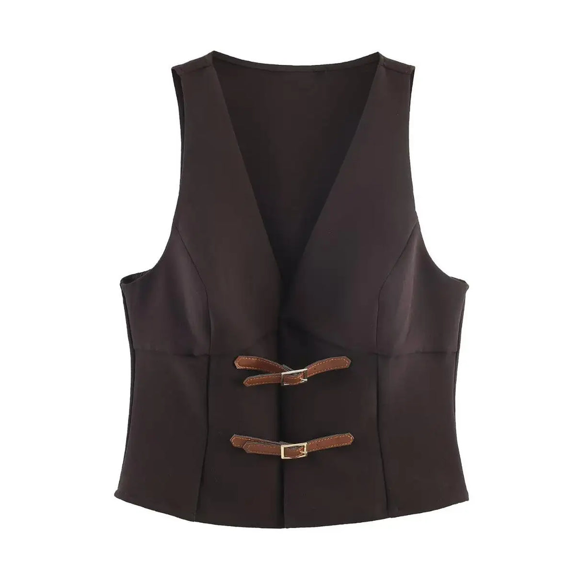 LIZAKOSHT  -  Vintage Deep Brown Buckle Buttons V neck Waistcoat Women OL Vest Jacket Outfits Casual Vacation Loose Tops