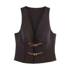 LIZAKOSHT  -  Vintage Deep Brown Buckle Buttons V neck Waistcoat Women OL Vest Jacket Outfits Casual Vacation Loose Tops