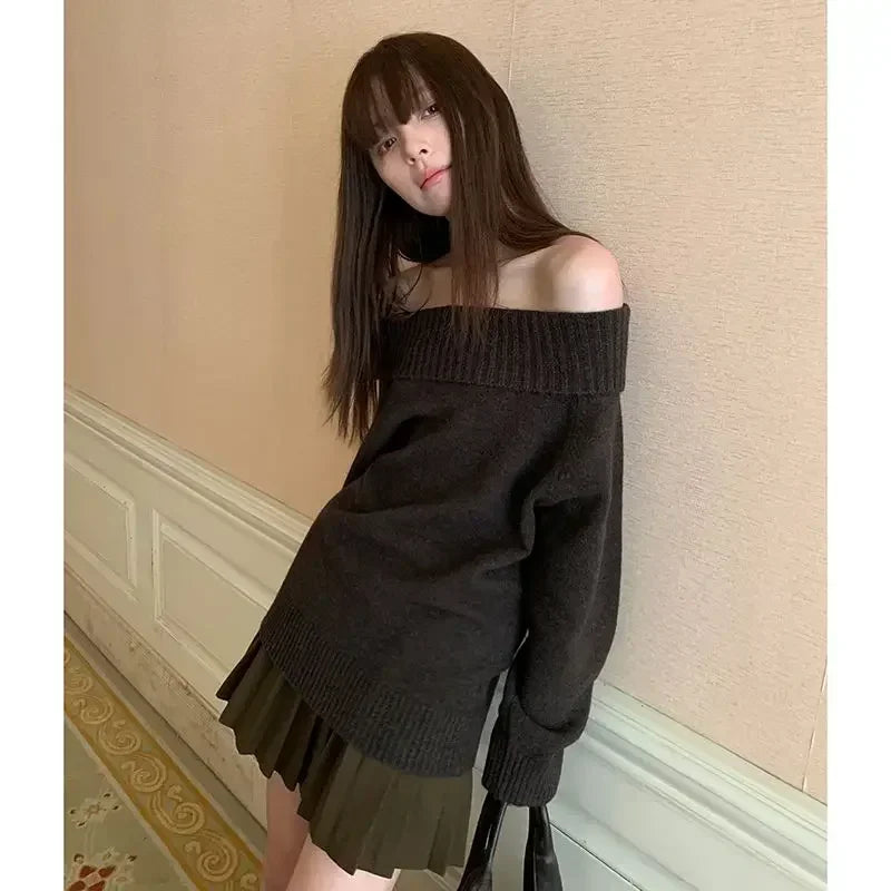 LIZAKOSHT  -  Vintage Sexy Sweater Women Japanese Style Off Shoulder Knitwear Y2k Harajuku Long Sleeve Jumper Slash Neck Solid Causal