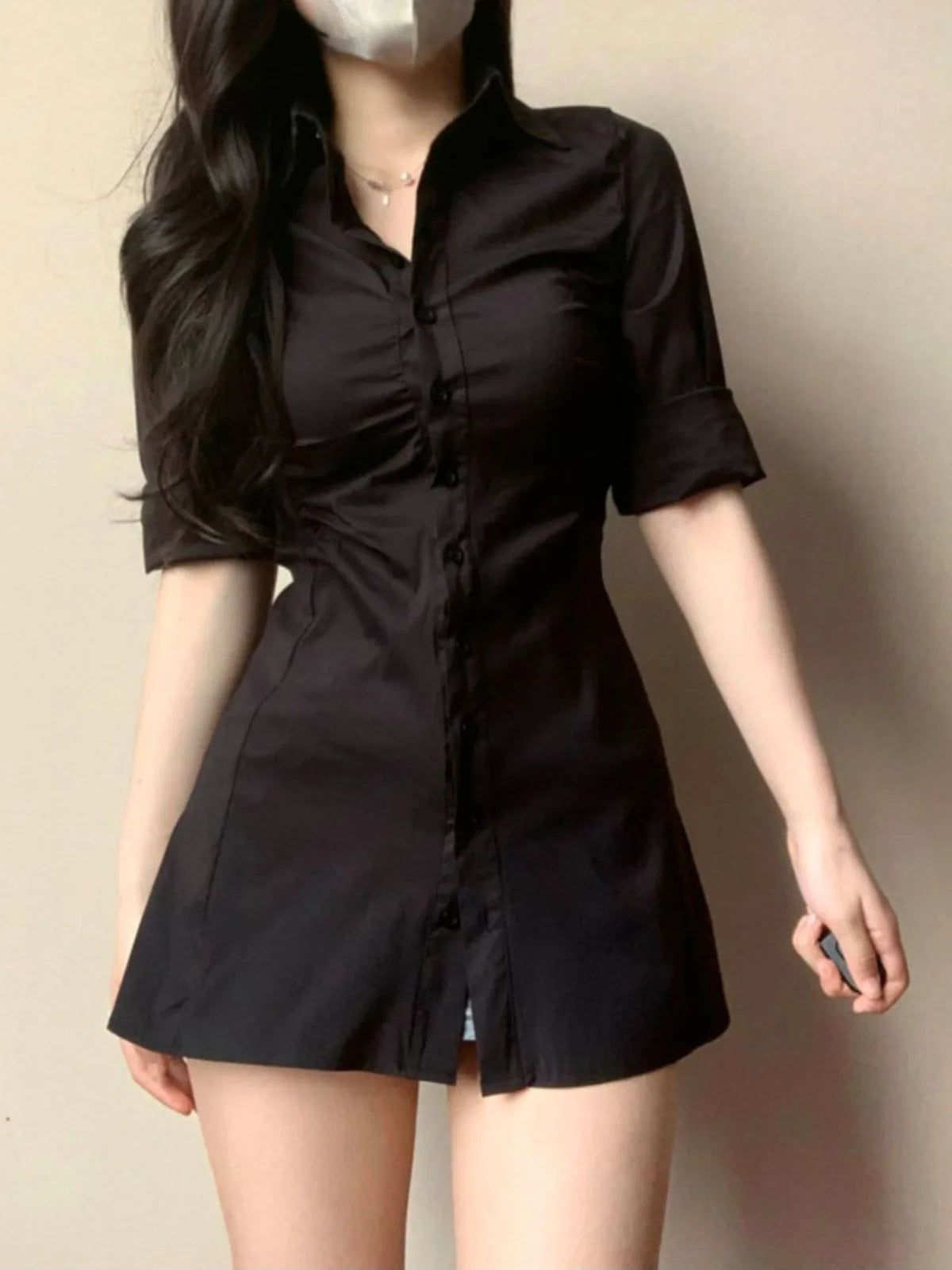 LIZAKOSHT  -  Casual Sexy Solid Color Slimming Smoothing Sexy Shirt Dress for Women Niche Design Sensibility Waist-fitted Mini-length Dress